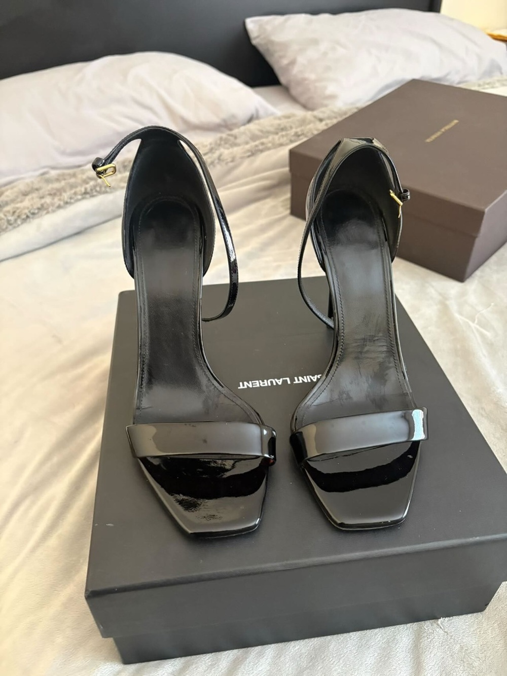 Yves Saint Laurent Black Patent Square-Toe Stiletto Sandals